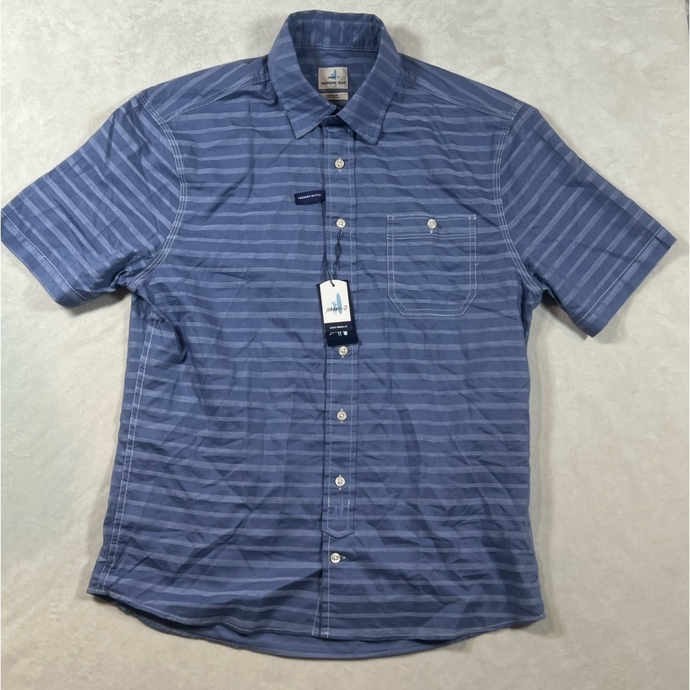 NWT Johnnie-O Size Medium Marlin Navy Stripe Short Sleeve Button Front Shirt